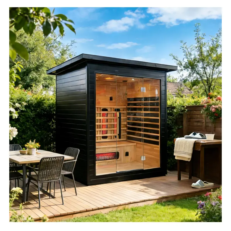 China Factory Outdoor Panoramic 6-Person Solid Wood Red Cedar Barrel Sauna Room