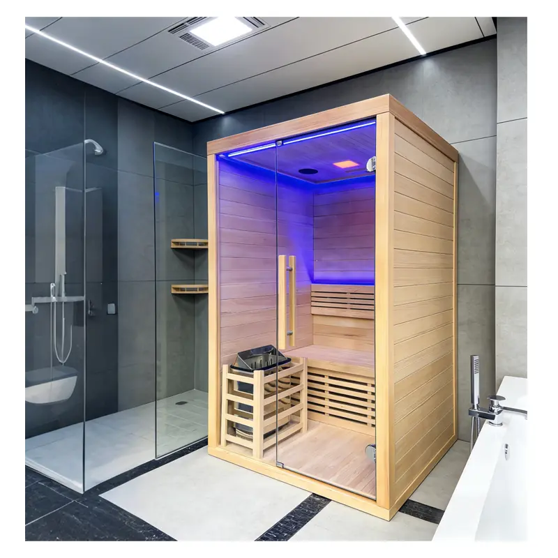 Factory Custom 4-Person Hemlock Indoor Steam Sauna  Sauna Stove, Dual Seats, Starlight, Smart Control