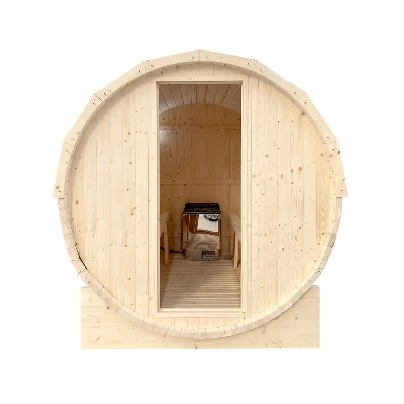 Outdoor 4-Seater Spruce Barrel Sauna Equipped with Sauna Stove