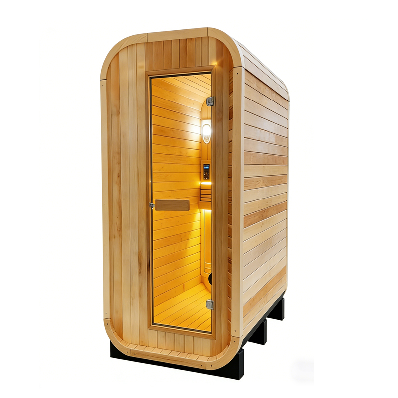 Outdoor solid wood sauna with low EMF infrared heating, smart control, weather-resistant design, and factory-direct customization
