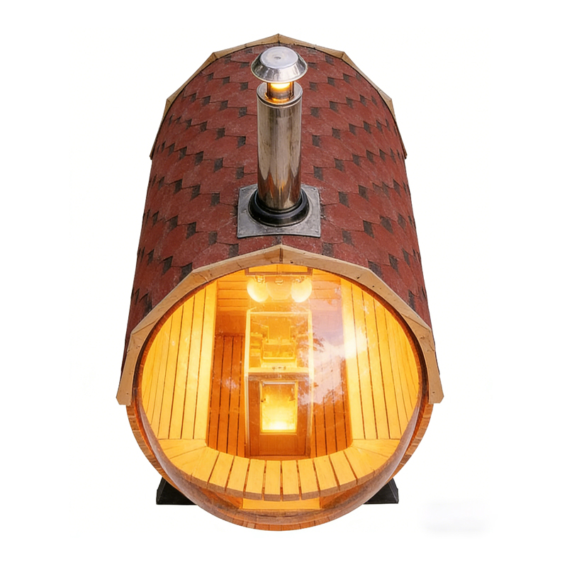 Modern Cylindrical Red Cedar Sauna  High-End, Red Tile Waterproof Roof for Outdoor Use