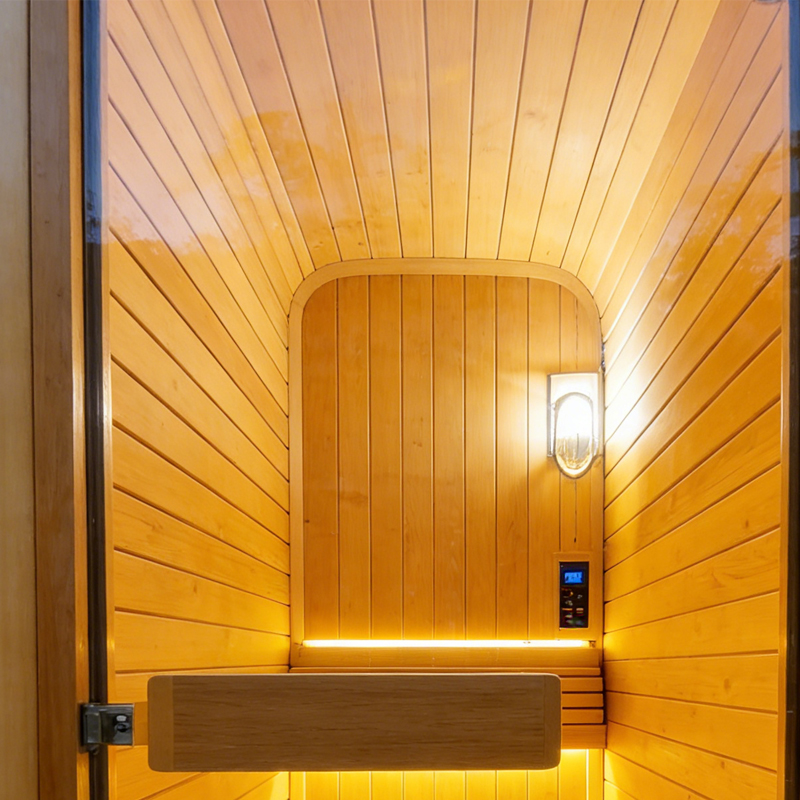 Outdoor solid wood sauna with low EMF infrared heating, smart control, weather-resistant design, and factory-direct customization